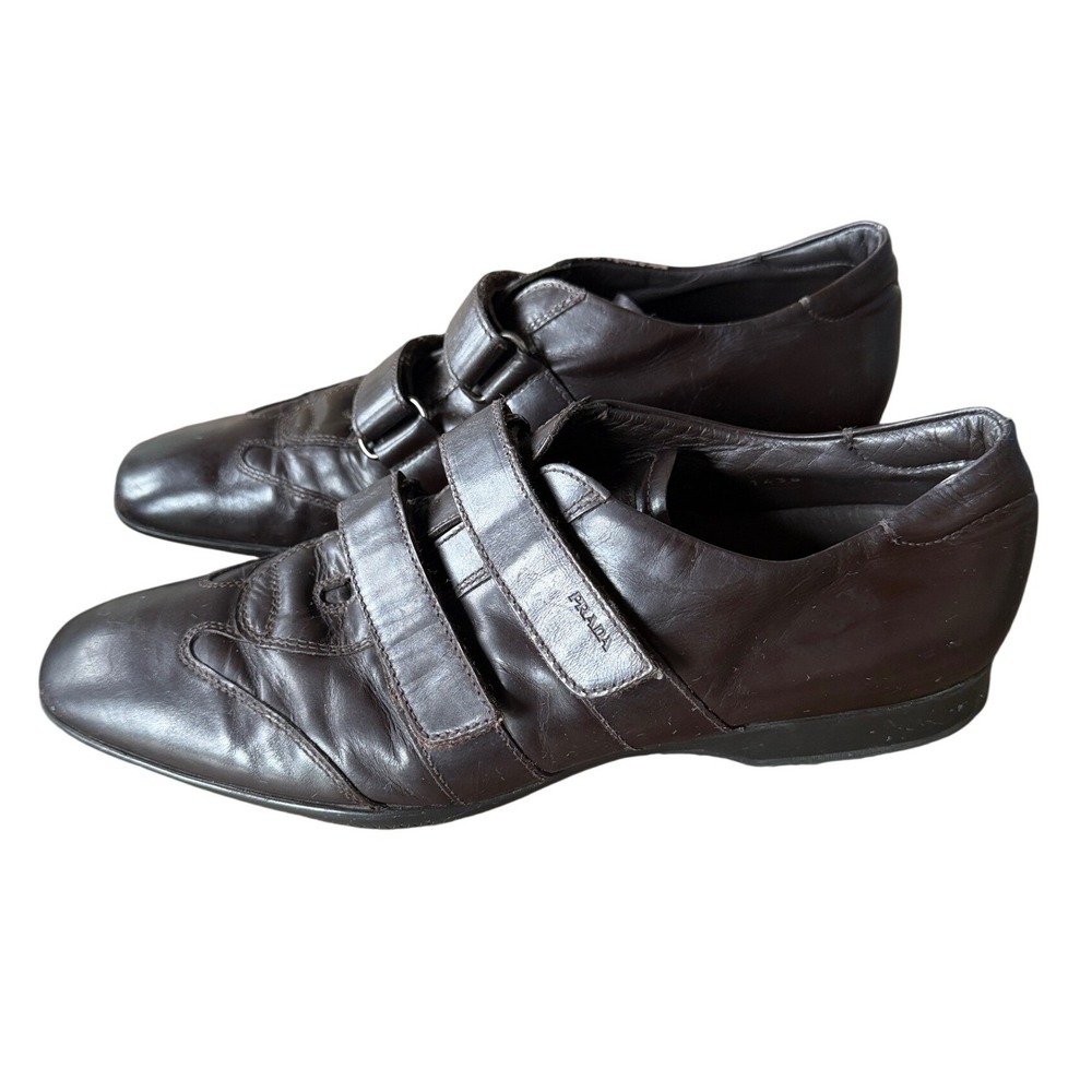 Vintage Prada Sport Linea Rossa Brown Leather Double Strap Loafers Mens 9.5 Shoe